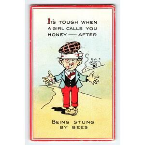 Vintage 1915 Comic Postcard 'Honey & Bees' Divided Back Being Stung By Bees